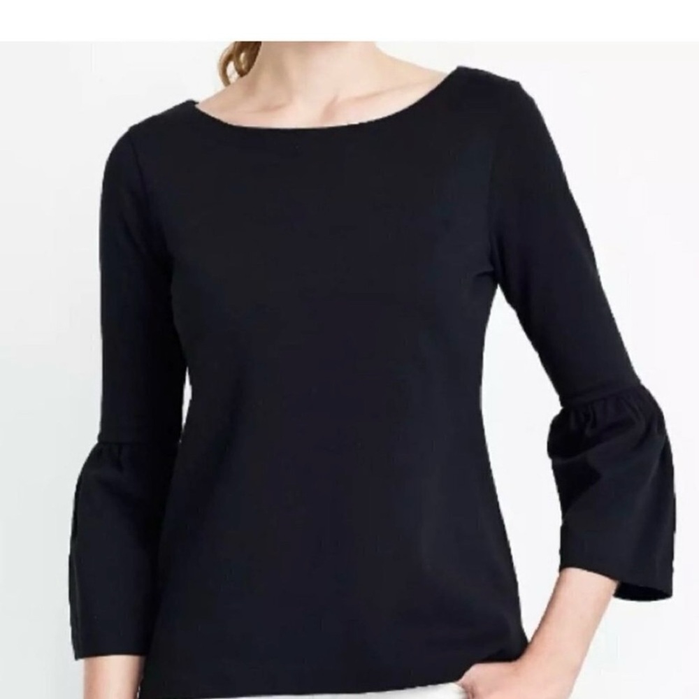 J. Crew Women's 100% Cotton, Bell Sleeve Blk Top, Boat Neckline Size S